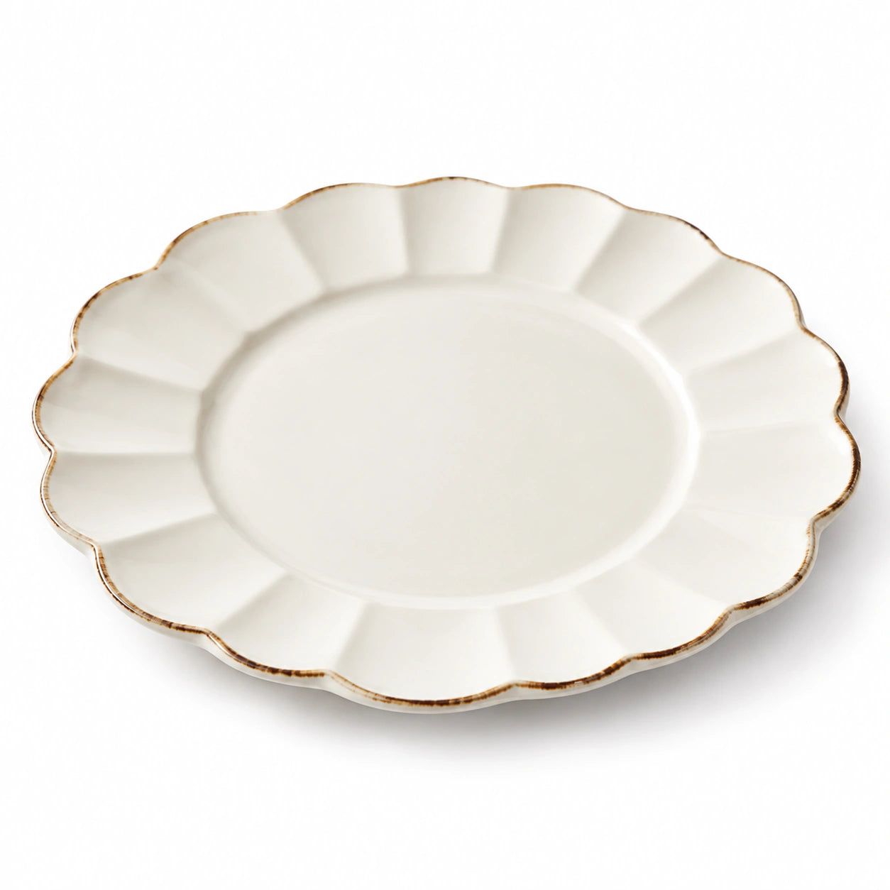 Piatto piano 26 cm in ceramica bianco con bordo marrone - stile ondulato
