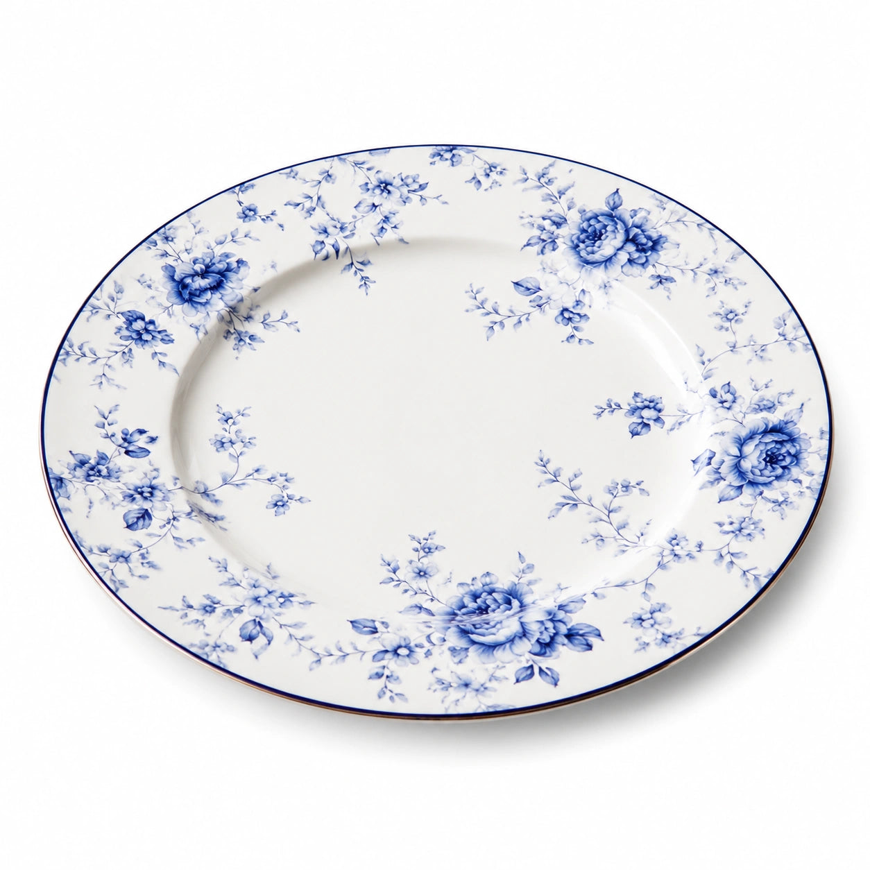 Piatto piano 26 cm in ceramica bianca e blu con motivo floreale - stile classico