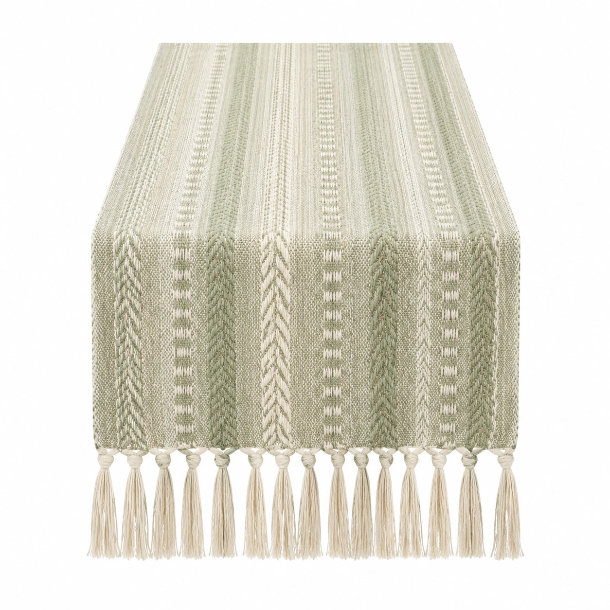 Runner da tavolo 180 x 33 cm in tessuto verde salvia e avorio con frange