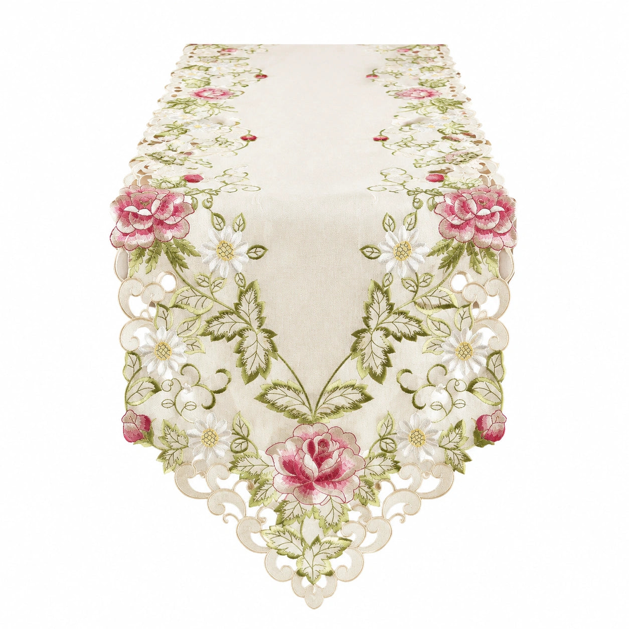 Runner da tavola 180 x 40 cm in tessuto effetto organza avorio con ricamo floreale stile classico