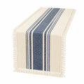 Runner da tavola 180 x 40 cm in cotone beige e blu a righe con frange