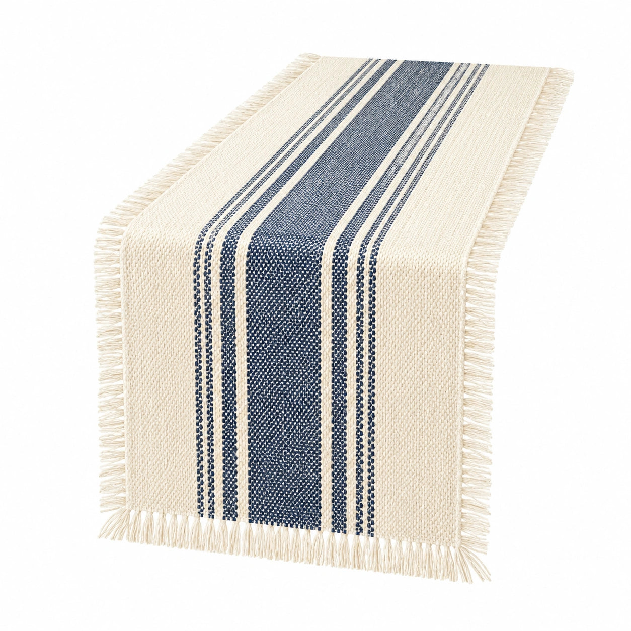 Runner da tavola 180 x 40 cm in cotone beige e blu a righe con frange