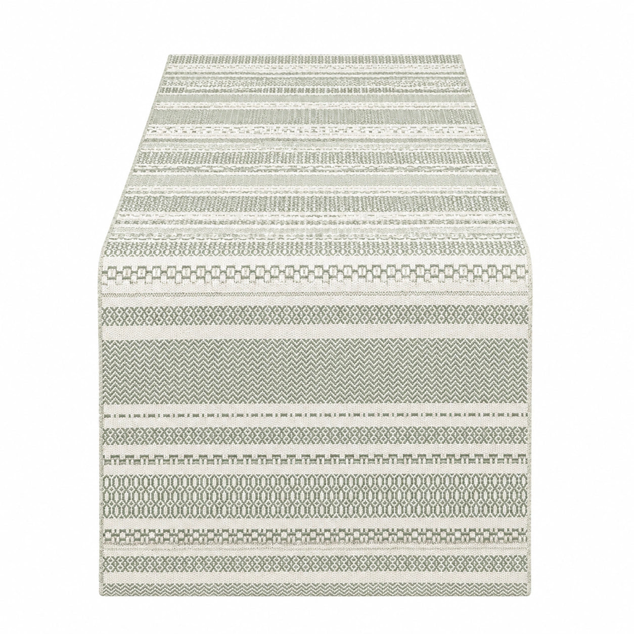 Runner da tavola 180 x 40 cm in tessuto verde salvia e avorio - motivo geometrico tessuto