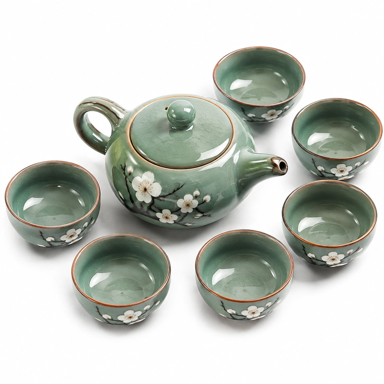 Servizio da tè in ceramica 800 ml verde salvia con 6 tazze floreali - stile tradizionale