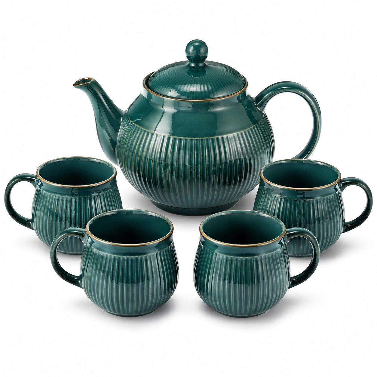 Servizio da tè in ceramica verde 900 ml con 4 tazze stile scanalato