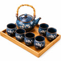 Servizio da tè 8 pezzi con vassoio 35 x 25 cm in ceramica blu e bambù - teiera con manico e tazze floreali