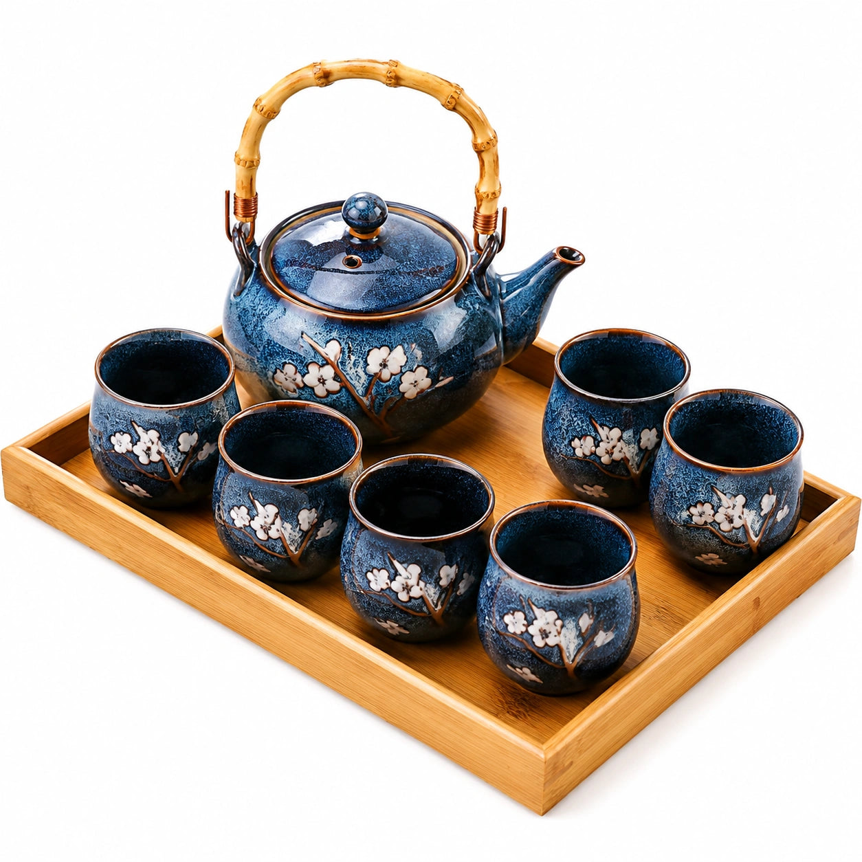 Servizio da tè 8 pezzi con vassoio 35 x 25 cm in ceramica blu e bambù - teiera con manico e tazze floreali