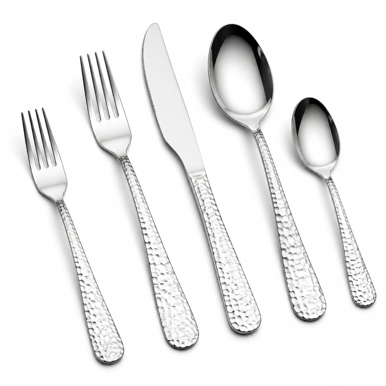 Set posate 5 pezzi 14-22 cm in acciaio inox argento con manici martellati