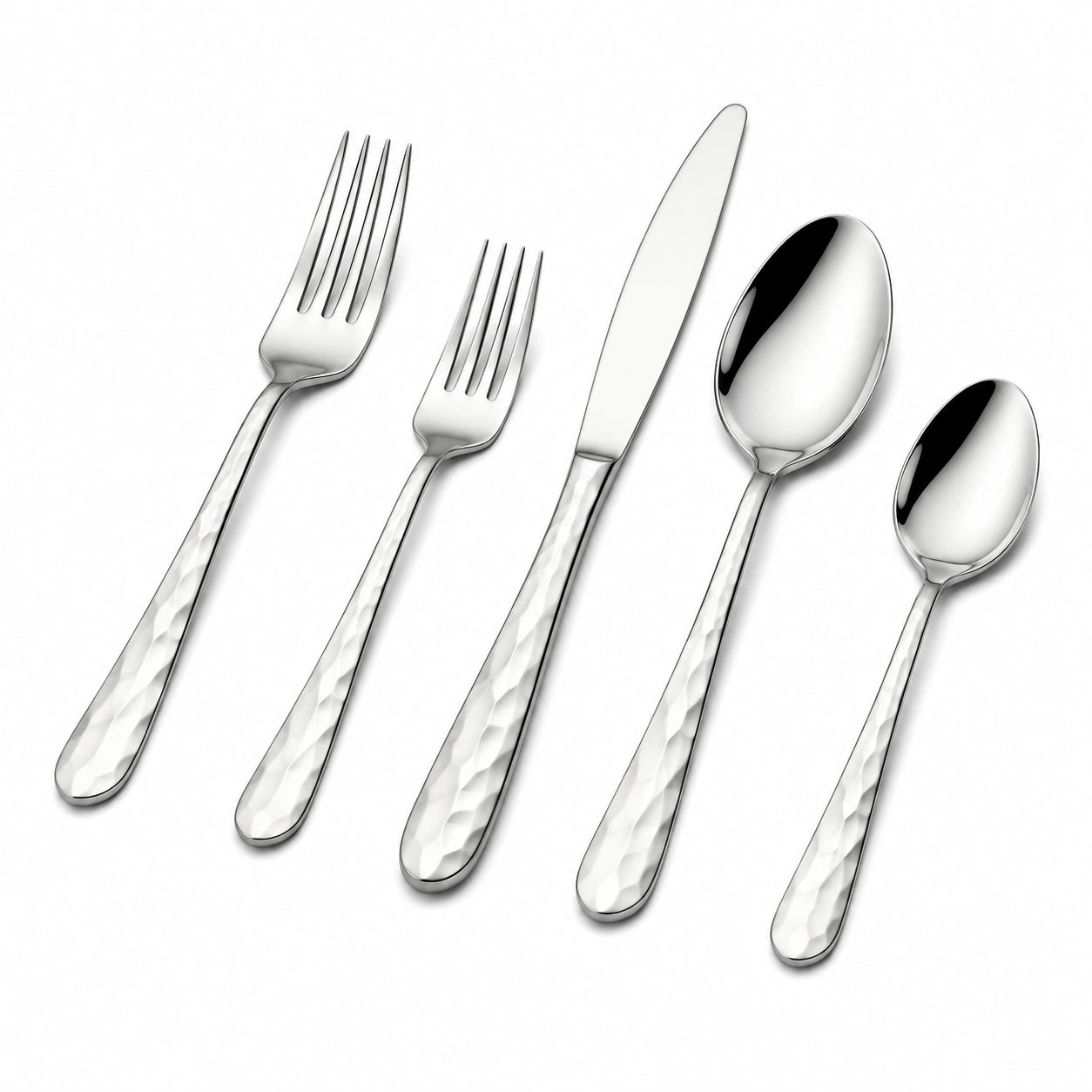 Set posate 5 pezzi in acciaio inox argento con manico martellato