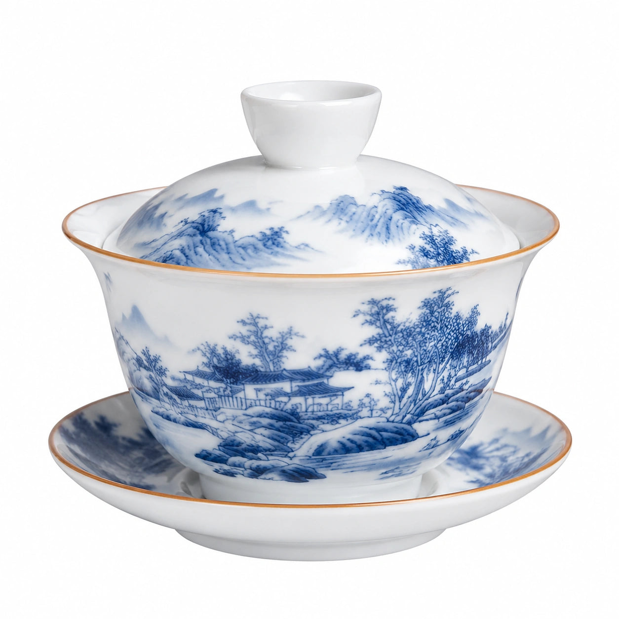 Tazza da tè Gaiwan 150 ml in porcellana bianca e blu con coperchio stile paesaggio
