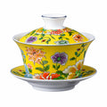 Tazza gaiwan in porcellana 180 ml gialla con motivo floreale e coperchio
